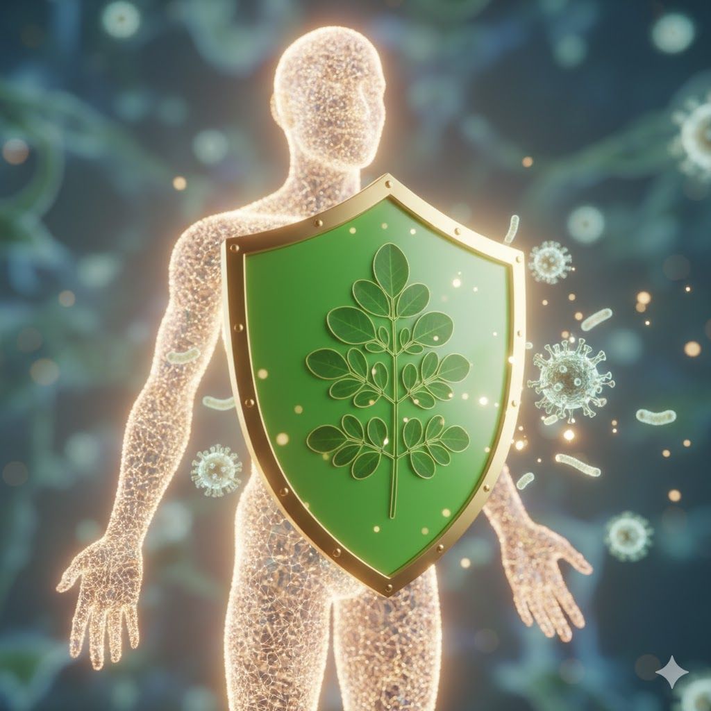 Imagem de Imagem de um escudo estilizado com folhas de moringa, protegendo um corpo humano ou células imunológicas, simbolizando a defesa e fortalecimento do sistema imune. Imagem de um escudo estilizado com folhas de moringa, protegendo um corpo humano ou células imunológicas, simbolizando a defesa e fortalecimento do sistema imune.