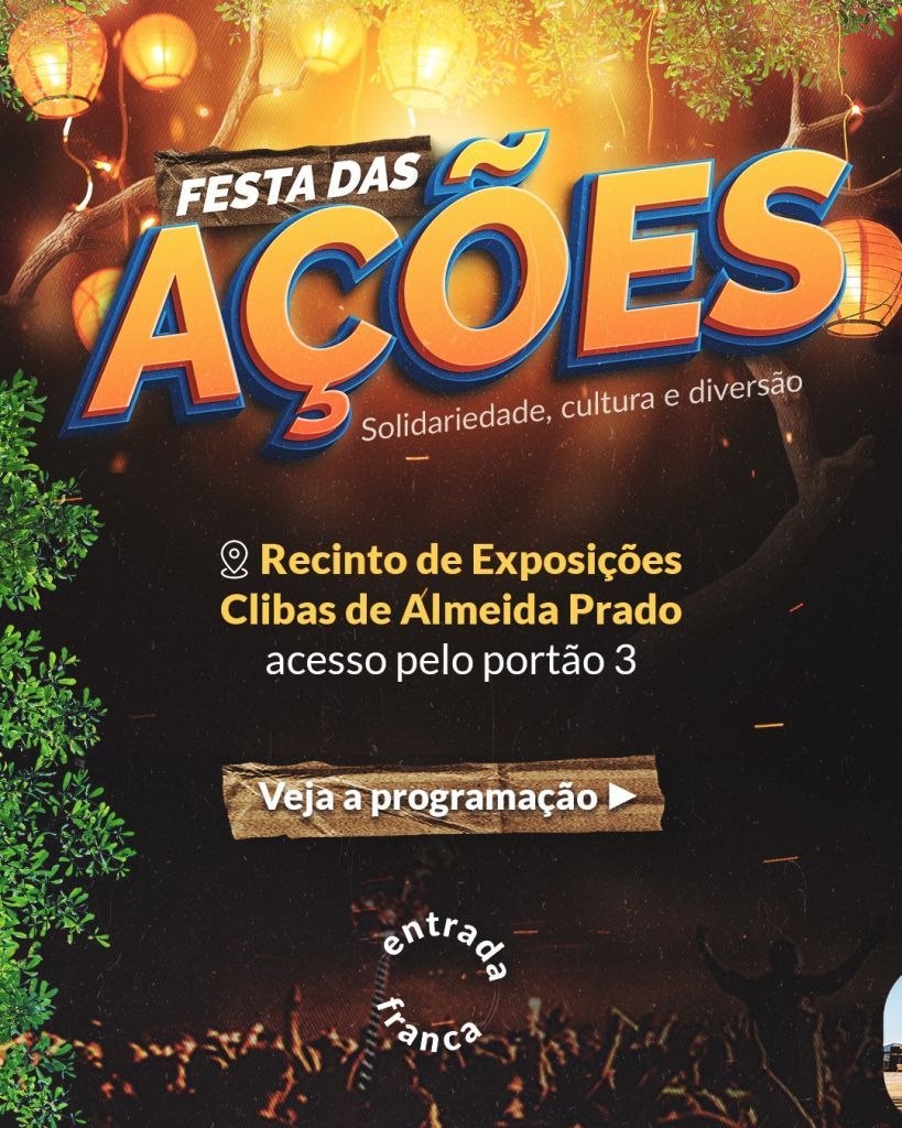 Visitantes desfrutando de barracas de comidas típicas na Festa das Ações em Araçatuba.
