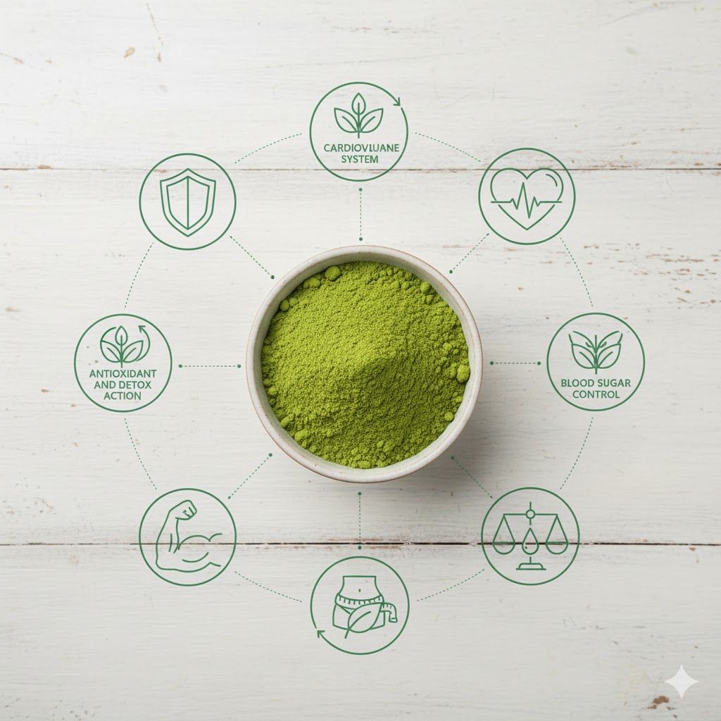 Imagem de Imagem mostrando diferentes ícones ou ilustrações de benefícios: um escudo para imunidade, um coração para cardiovascular, uma folha para desintoxicação/antioxidante, etc., dispostos ao redor de um recipiente com pó de moringa. Imagem mostrando diferentes ícones ou ilustrações de benefícios: um escudo para imunidade, um coração para cardiovascular, uma folha para desintoxicação/antioxidante, etc., dispostos ao redor de um recipiente com pó de moringa.