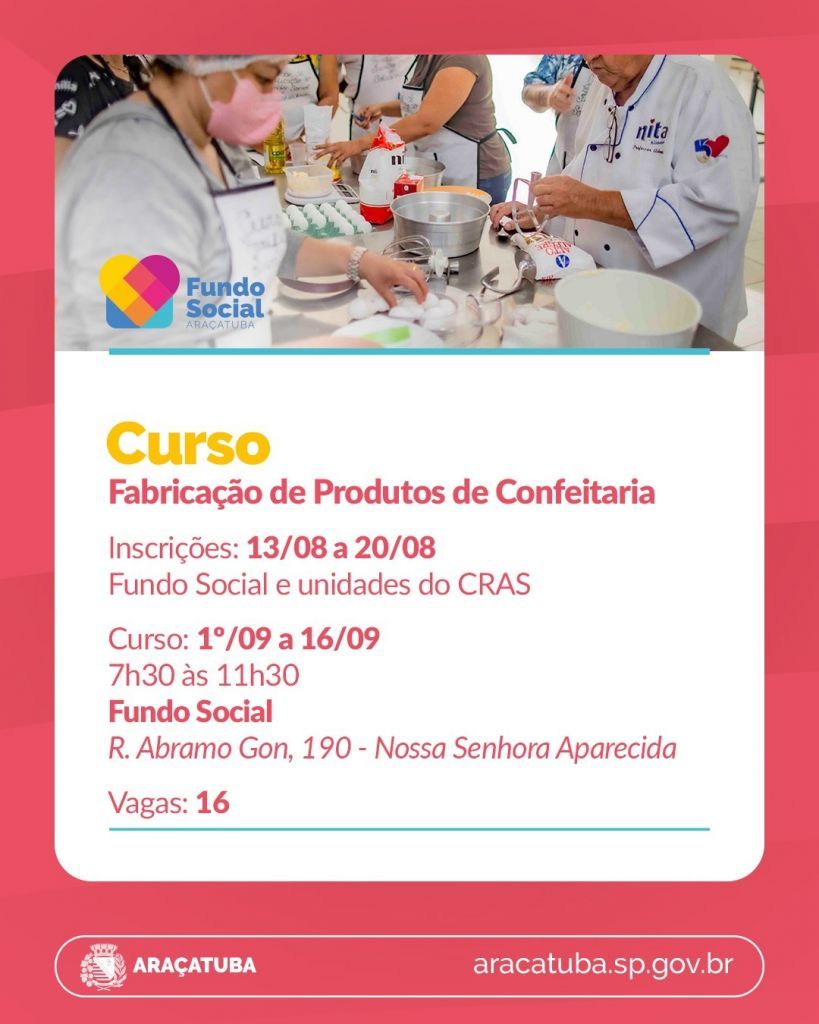 Curso gratuito de confeitaria em Araçatuba oferece 16 vagas