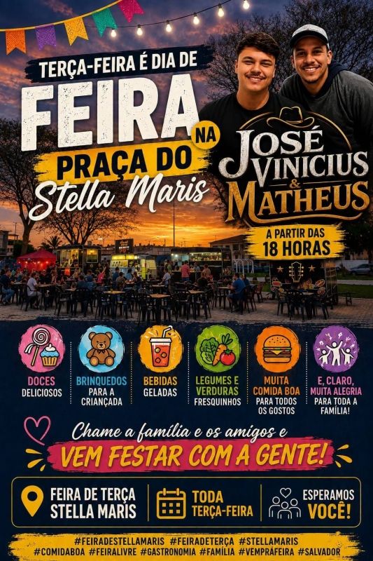 Ver mais sobre Feira de Terça na Praça de Stella Maris retoma programação com atrações musicais, gastronomia e lazer para toda a família Feira de Terça na Praça de Stella Maris retoma programação com atrações musicais, gastronomia e lazer para toda a família