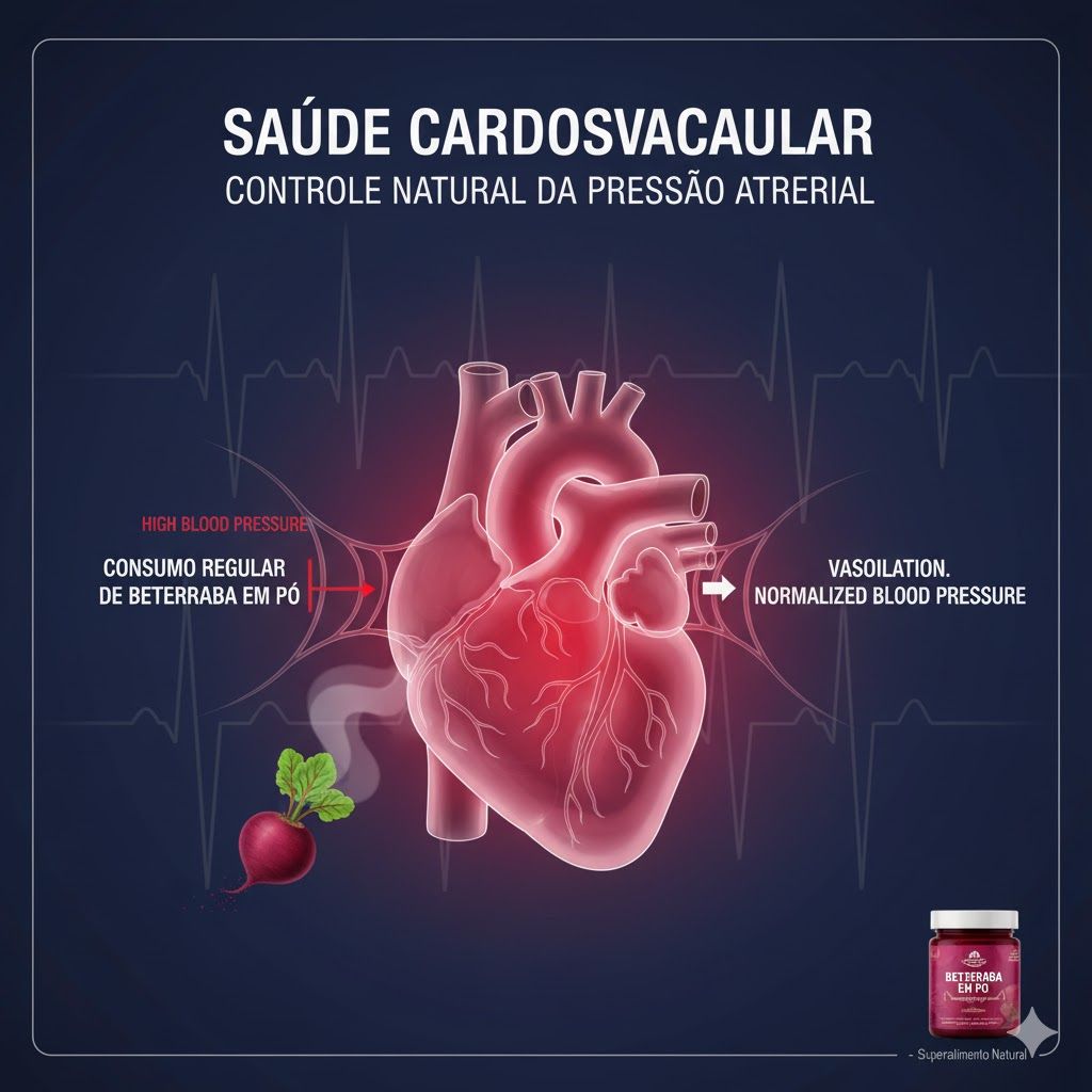 Imagem de Infográfico mostrando um coração e vasos sanguíneos, com setas indicando como o consumo regular de beterraba em pó ajuda a reduzir a pressão alta (high blood pressure) através da vasodilatação para uma pressão normalizada. O texto "Saúde Cardiovascular. Controle natural da pressão arterial." está na imagem. Infográfico mostrando um coração e vasos sanguíneos, com setas indicando como o consumo regular de beterraba em pó ajuda a reduzir a pressão alta (high blood pressure) através da vasodilatação para uma pressão normalizada. O texto "Saúde Cardiovascular. Controle natural da pressão arterial." está na imagem.