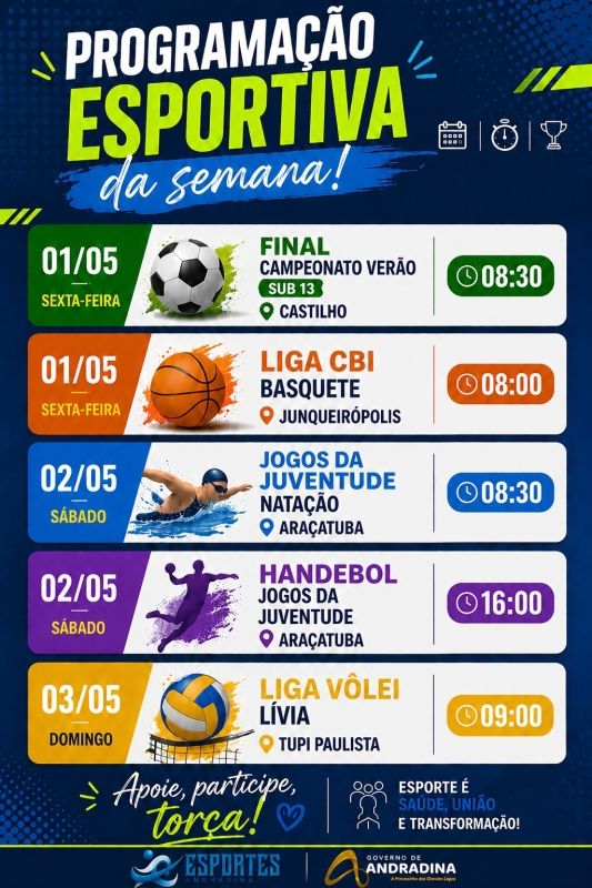 Programação de eventos esportivos movimenta Andradina de 1 a 3 de maio