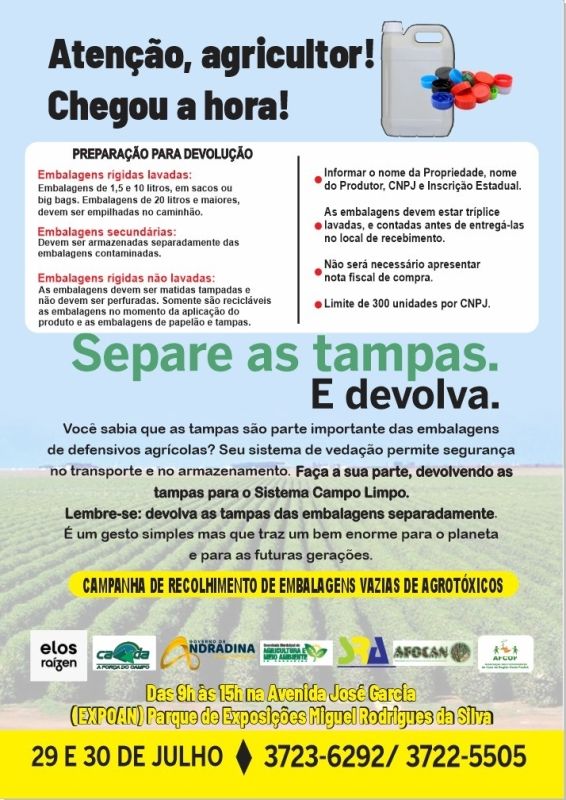 Coleta de embalagens de agrotóxicos em Andradina, 29-30 julho, sustentabilidade.