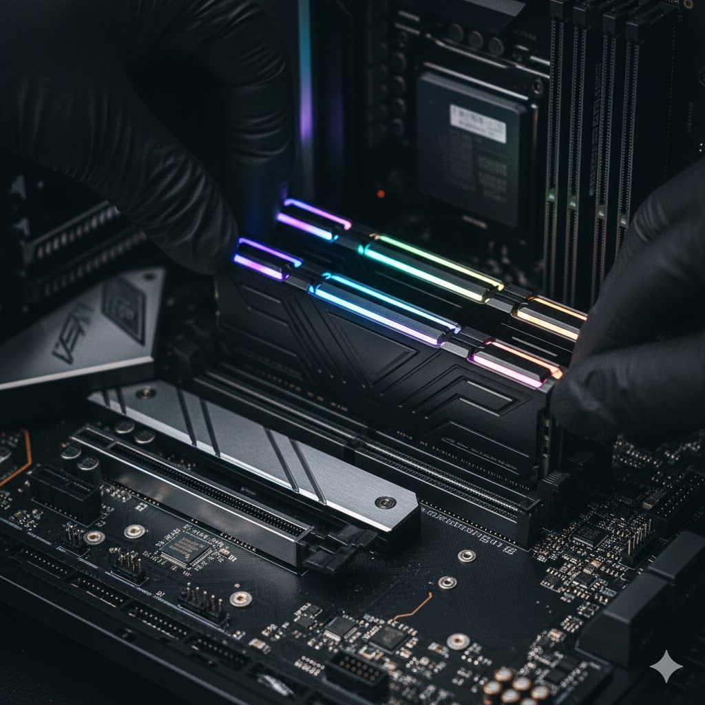 Imagem de Memória RAM DDR4 ou DDR5 para PC gamer. 16GB ou 32GB de RAM para carregamento rápido e fluidez nos jogos. Montagem de RAM dual channel. Memória RAM DDR4 ou DDR5 para PC gamer. 16GB ou 32GB de RAM para carregamento rápido e fluidez nos jogos. Montagem de RAM dual channel.
