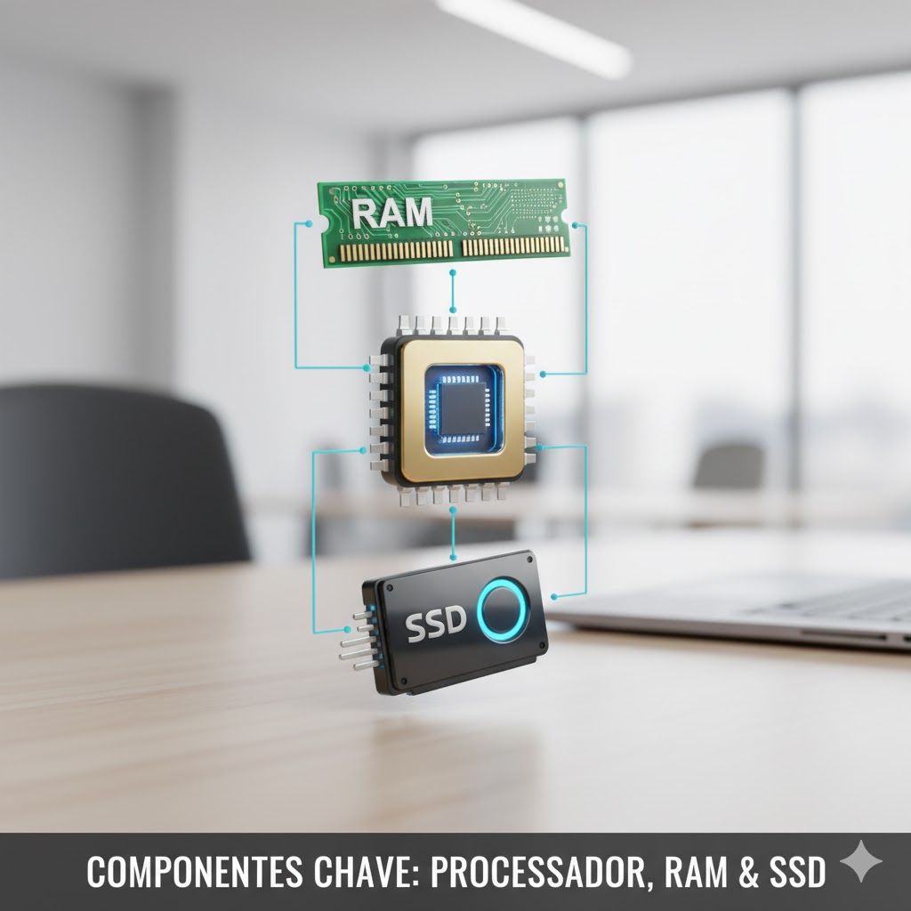 Imagem de Componentes essenciais do notebook: Processador (CPU), Memória RAM e Armazenamento SSD para performance ideal. Componentes essenciais do notebook: Processador (CPU), Memória RAM e Armazenamento SSD para performance ideal.