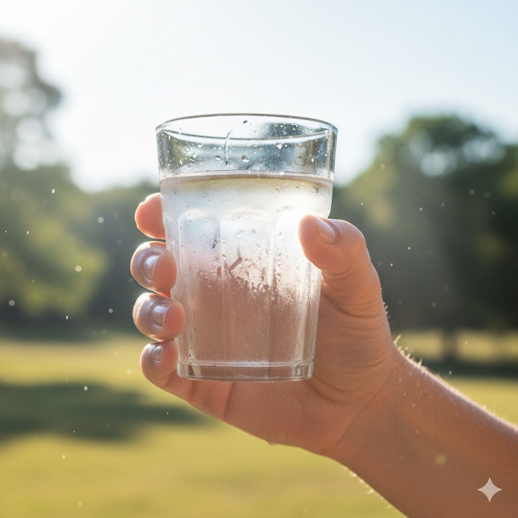 Imagem de Mão segurando um copo de água gelada e com condensação, ao ar livre, em um dia ensolarado, ilustrando o refresco e a regulação da temperatura corporal. Mão segurando um copo de água gelada e com condensação, ao ar livre, em um dia ensolarado, ilustrando o refresco e a regulação da temperatura corporal.