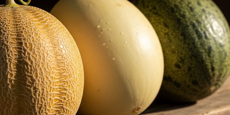 Imagem de Close-up de três tipos de melão (cantaloupe, honeydew, pele de sapo) em uma bancada de madeira, destacando as diferenças de cor e textura da casca. Close-up de três tipos de melão (cantaloupe, honeydew, pele de sapo) em uma bancada de madeira, destacando as diferenças de cor e textura da casca.