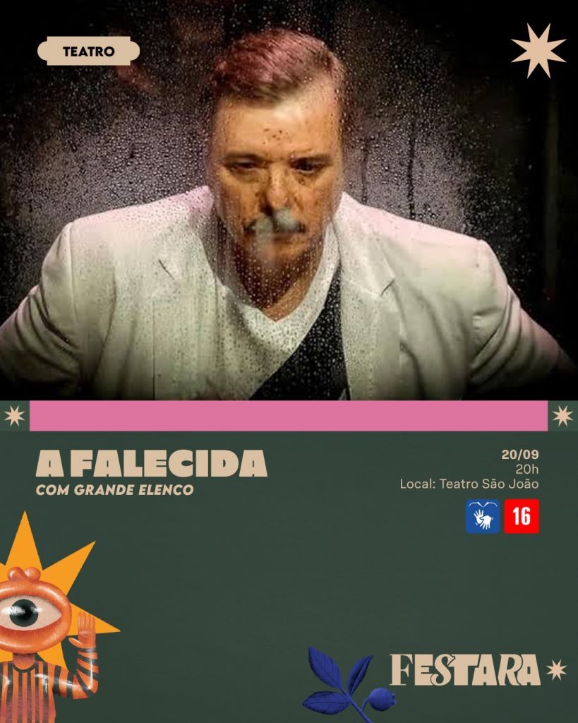 Cena da peça "A Falecida" no Festara, com Lucy Alves no palco do Teatro São João.
