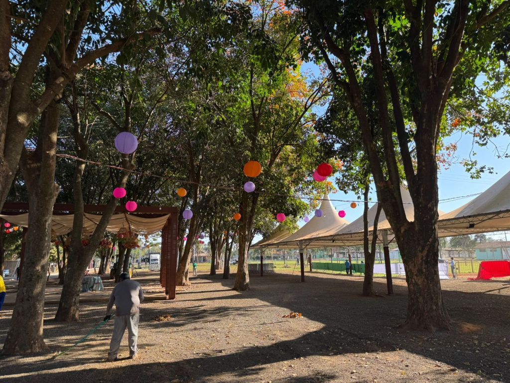 Visitantes explorando barracas de comida típica na Festa das Ações em Araçatuba.
