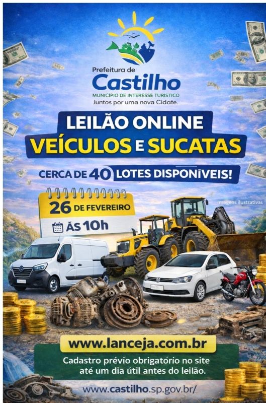 Prefeitura de Castilho realizará Leilão Público Online com 40 bens móveis a partir de 26 de fevereiro de 2026