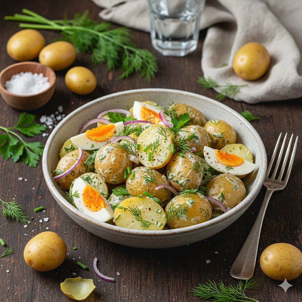 Imagem de Salada de batata fresca e firme, preparada com batata Monalisa ou batata bola. Ideal para saladas de batata, sopas e ensopados, mantendo a forma. Salada de batata fresca e firme, preparada com batata Monalisa ou batata bola. Ideal para saladas de batata, sopas e ensopados, mantendo a forma.