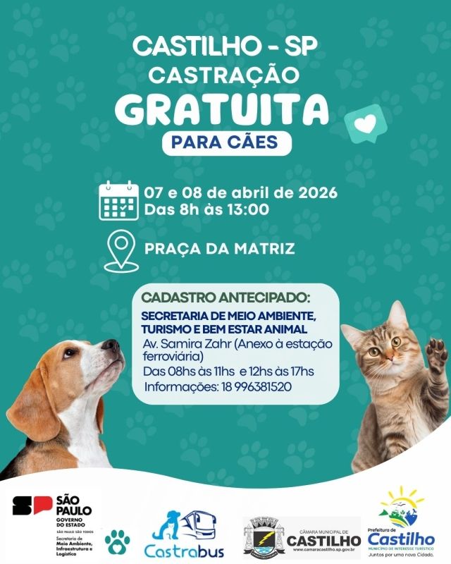 Mutirão de Castração e Microchipagem Gratuita em Castilho acontece em abril