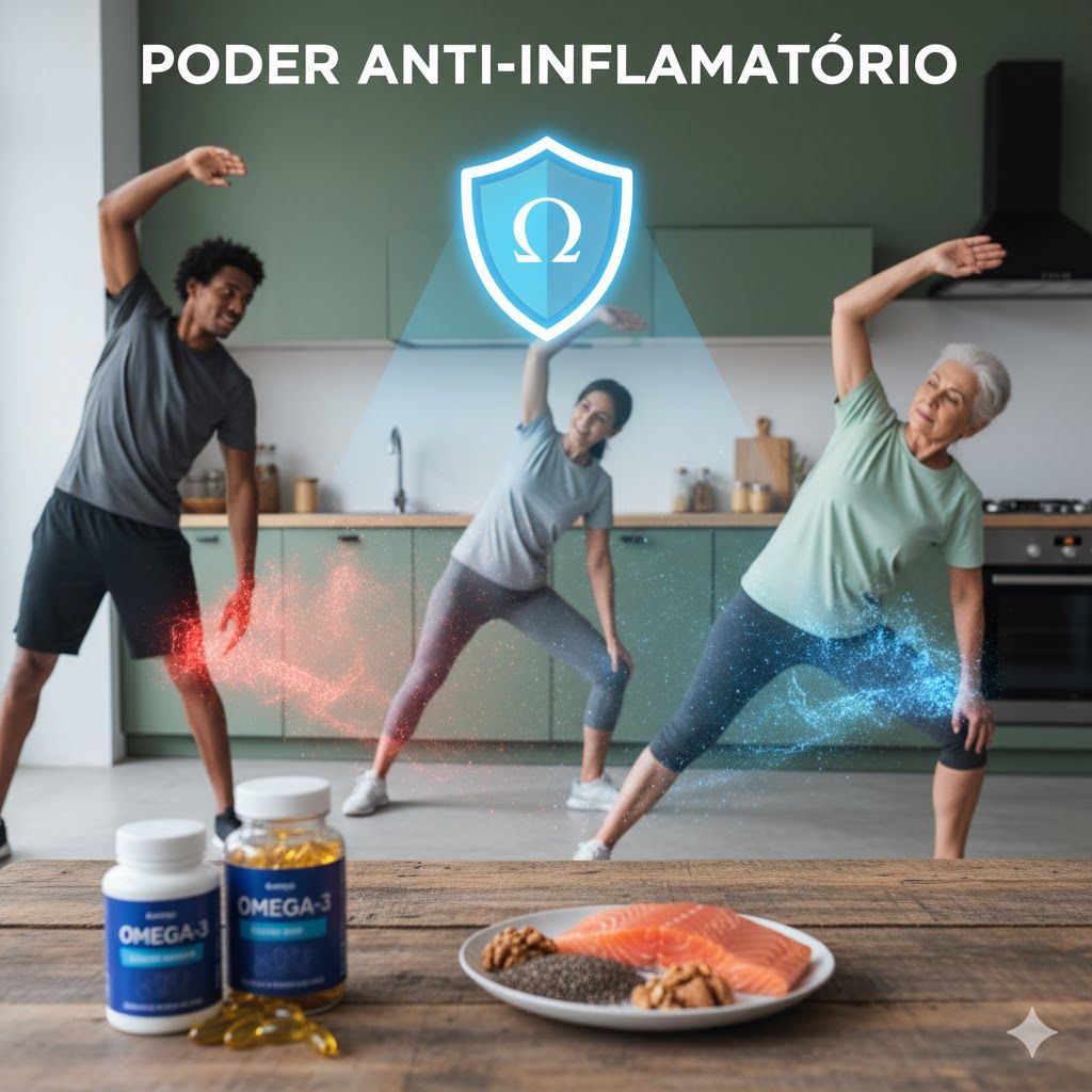 Imagem de Ilustração do poder anti-inflamatório do Ômega 3, com foco na recuperação muscular. Três pessoas de diferentes idades (um homem jovem, uma mulher jovem e uma mulher idosa) estão alongando-se em uma sala de ginástica, com efeitos visuais que simbolizam inflamação (vermelho) e alívio (azul). Um escudo brilhante com o símbolo ômega (Ω) no centro projeta uma luz protetora sobre eles. Em primeiro plano, há suplementos de Ômega 3 e alimentos como salmão e sementes.
Ilustração do poder anti-inflamatório do Ômega 3, com foco na recuperação muscular. Três pessoas de diferentes idades (um homem jovem, uma mulher jovem e uma mulher idosa) estão alongando-se em uma sala de ginástica, com efeitos visuais que simbolizam inflamação (vermelho) e alívio (azul). Um escudo brilhante com o símbolo ômega (Ω) no centro projeta uma luz protetora sobre eles. Em primeiro plano, há suplementos de Ômega 3 e alimentos como salmão e sementes.