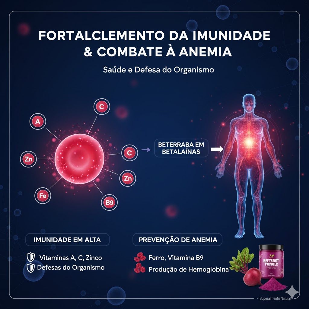 Imagem de Infográfico mostrando um corpo humano estilizado com nutrientes como Vitamina A, C, Zinco, Ferro e B9 se conectando a uma célula sanguínea, indicando como a beterraba em pó fortalece a imunidade e auxilia na prevenção da anemia. O texto "Fortalecimento da Imunidade & Combate à Anemia. Saúde e defesa do organismo." está na imagem. Infográfico mostrando um corpo humano estilizado com nutrientes como Vitamina A, C, Zinco, Ferro e B9 se conectando a uma célula sanguínea, indicando como a beterraba em pó fortalece a imunidade e auxilia na prevenção da anemia. O texto "Fortalecimento da Imunidade & Combate à Anemia. Saúde e defesa do organismo." está na imagem.