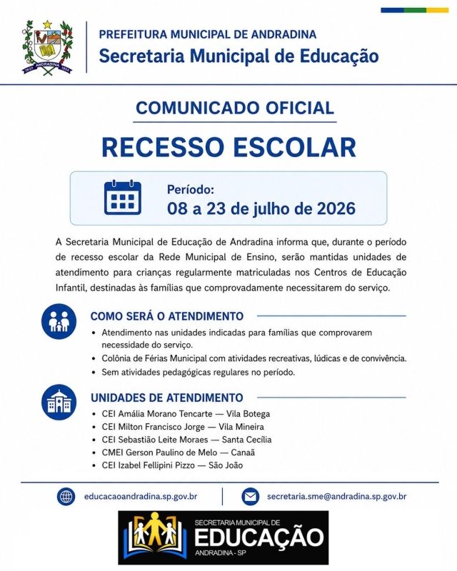 Recesso Escolar em Andradina: Unidades de Atendimento para Crianças Durante Período de Recesso de Julho de 2026