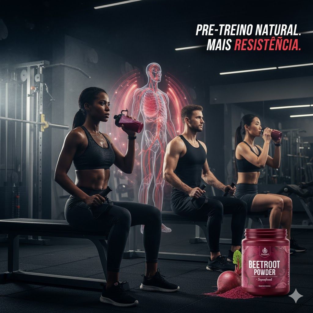 Imagem de Três pessoas bebendo uma bebida de pré-treino em uma academia, com uma representação visual do sistema circulatório humano e um pote de beterraba em pó em primeiro plano. O texto "Pré-treino natural. Mais resistência." está na imagem. Três pessoas bebendo uma bebida de pré-treino em uma academia, com uma representação visual do sistema circulatório humano e um pote de beterraba em pó em primeiro plano. O texto "Pré-treino natural. Mais resistência." está na imagem.