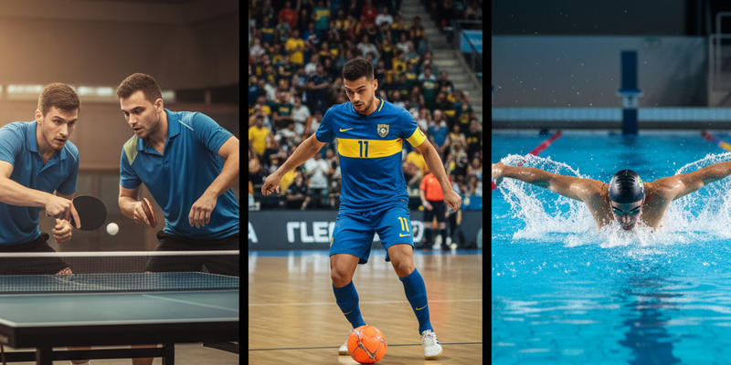 Imagem de diversidade de outros esportes mencionados, como tênis de mesa, futsal ou natação, simbolizando a riqueza esportiva do Brasil diversidade de outros esportes mencionados, como tênis de mesa, futsal ou natação, simbolizando a riqueza esportiva do Brasil
