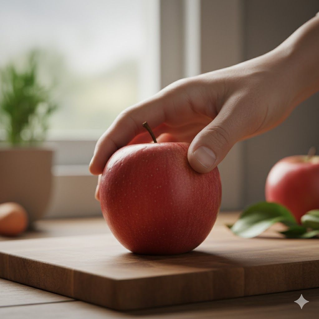 Imagem de Uma mão segurando suavemente uma maçã vermelha, pressionando levemente a casca com o polegar para testar a firmeza. O foco está na maçã e na mão, com um fundo desfocado que sugere um ambiente doméstico ou de cozinha. Uma mão segurando suavemente uma maçã vermelha, pressionando levemente a casca com o polegar para testar a firmeza. O foco está na maçã e na mão, com um fundo desfocado que sugere um ambiente doméstico ou de cozinha.