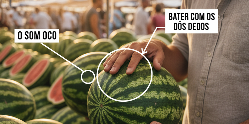 Detalhe de uma pessoa batendo na melancia com os nós dos dedos para ouvir o som oco, um método tradicional para verificar se a fruta está madura e pronta para consumo.