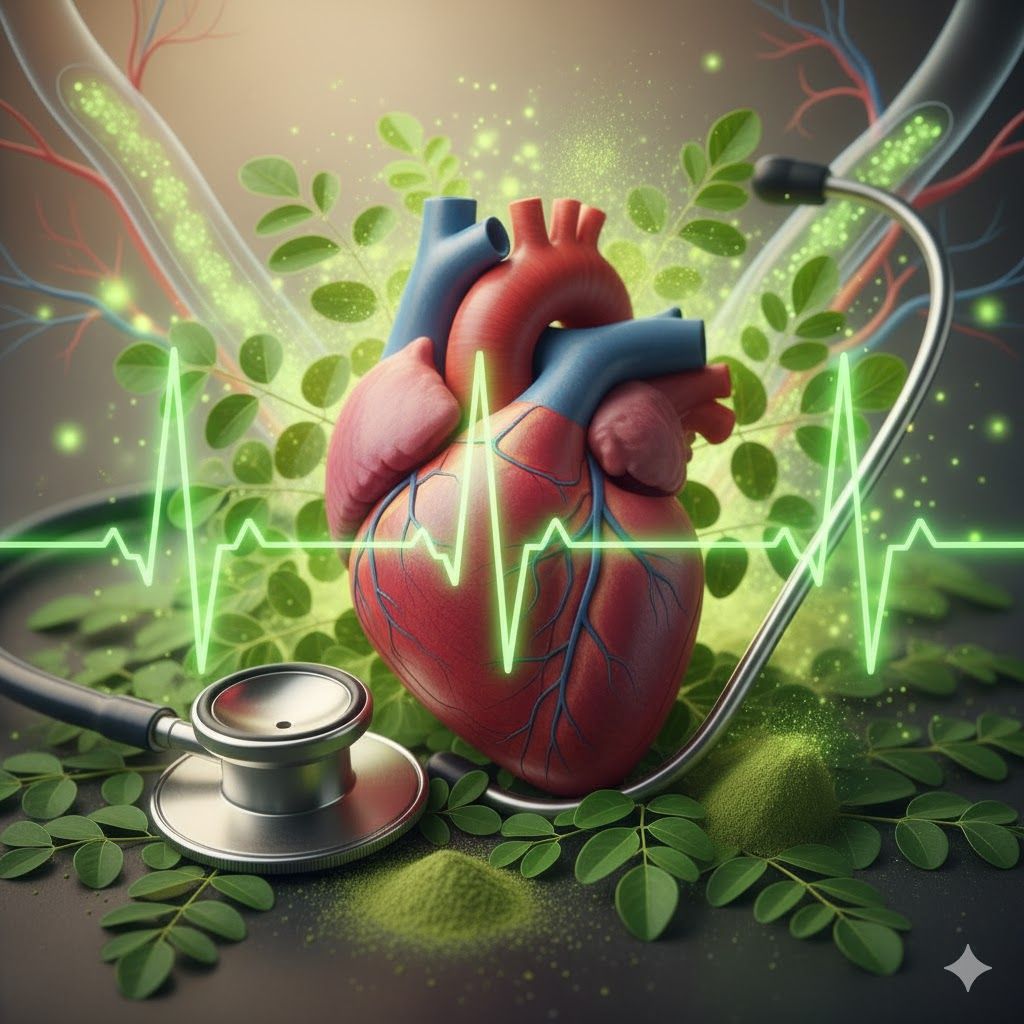 Imagem de Imagem de um coração saudável com um estetoscópio ou um pulso regular, rodeado por elementos que representam o pó de moringa ou suas folhas, indicando proteção cardiovascular. Imagem de um coração saudável com um estetoscópio ou um pulso regular, rodeado por elementos que representam o pó de moringa ou suas folhas, indicando proteção cardiovascular.