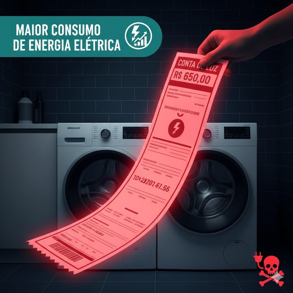 Imagem de Embora a lavagem seja eficiente, a função de secagem consome mais eletricidade. Se você planeja usar o ciclo completo (lavar e secar) com muita frequência, sua conta de luz poderá subir. Embora a lavagem seja eficiente, a função de secagem consome mais eletricidade. Se você planeja usar o ciclo completo (lavar e secar) com muita frequência, sua conta de luz poderá subir.