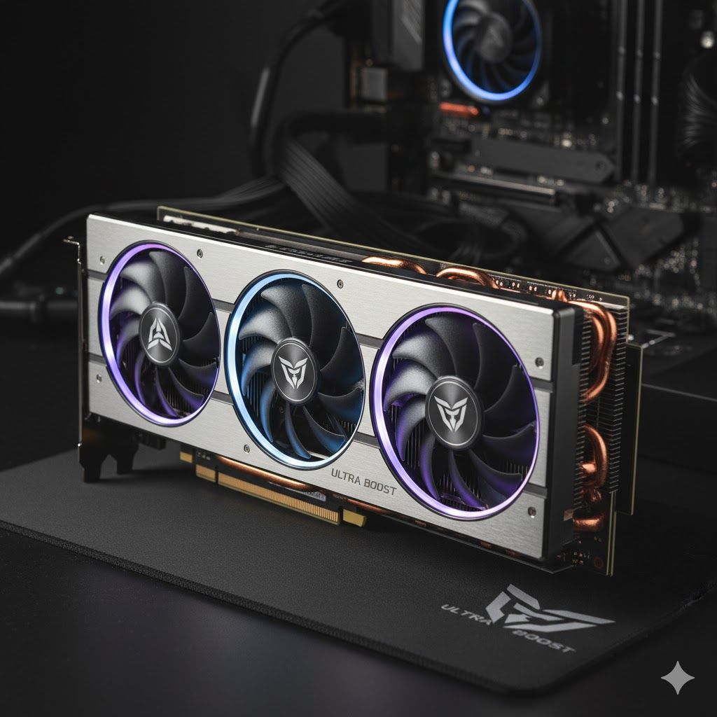 Imagem de Placa de vídeo gamer (GPU) de alta performance. O coração do seu PC gamer para gráficos incríveis e FPS alto. Escolha a GPU certa para seus jogos. Placa de vídeo gamer (GPU) de alta performance. O coração do seu PC gamer para gráficos incríveis e FPS alto. Escolha a GPU certa para seus jogos.