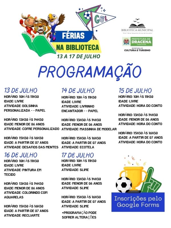 Programação de Férias na Biblioteca de Dracena oferece atividades educativas e recreativas gratuitas em julho
