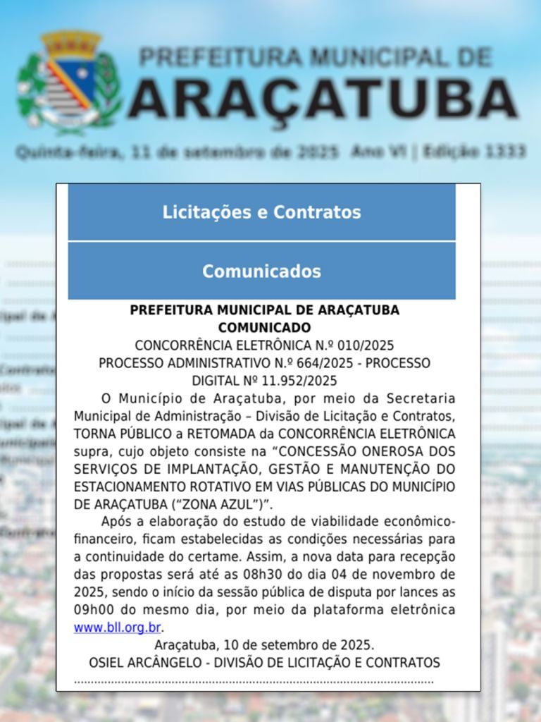 Licitação da Zona Azul em Araçatuba reabre para propostas
