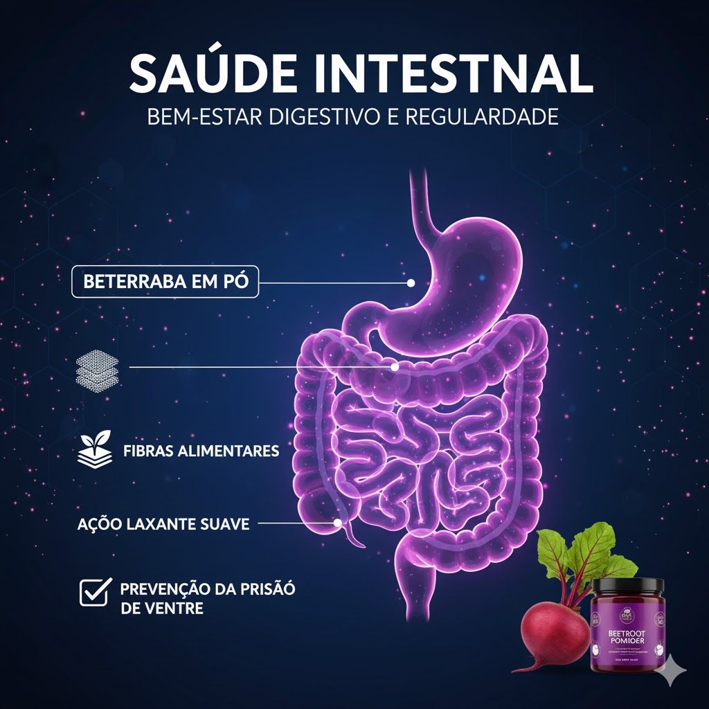 Imagem de Infográfico de um sistema digestório, com fibras alimentares e a beterraba em pó sendo destacadas como benéficas para a saúde intestinal. Os benefícios de ação laxante suave e prevenção da prisão de ventre são mostrados. O texto "Saúde Intestinal. Bem-estar digestivo e regularidade." está na imagem. Infográfico de um sistema digestório, com fibras alimentares e a beterraba em pó sendo destacadas como benéficas para a saúde intestinal. Os benefícios de ação laxante suave e prevenção da prisão de ventre são mostrados. O texto "Saúde Intestinal. Bem-estar digestivo e regularidade." está na imagem.