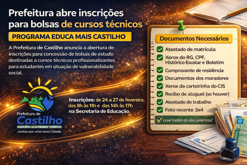 Prefeitura de Castilho abre inscrições para bolsas de estudos em cursos técnicos para estudantes de baixa renda