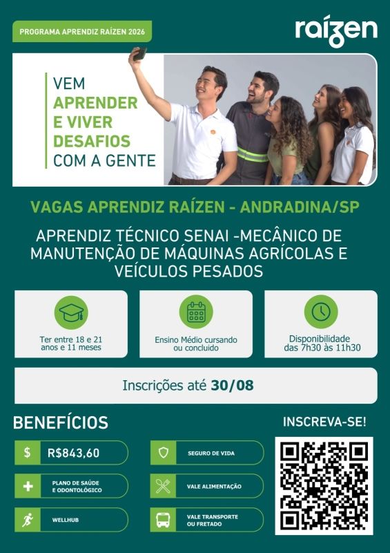 Raízen abre inscrições para Programa de Aprendizagem em Andradina com foco em jovens de 18 a 21 anos
