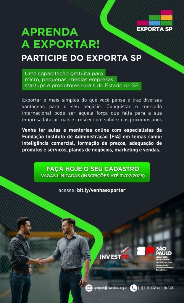 Banner do Exporta SP 2023, inscrições abertas para capacitação online.