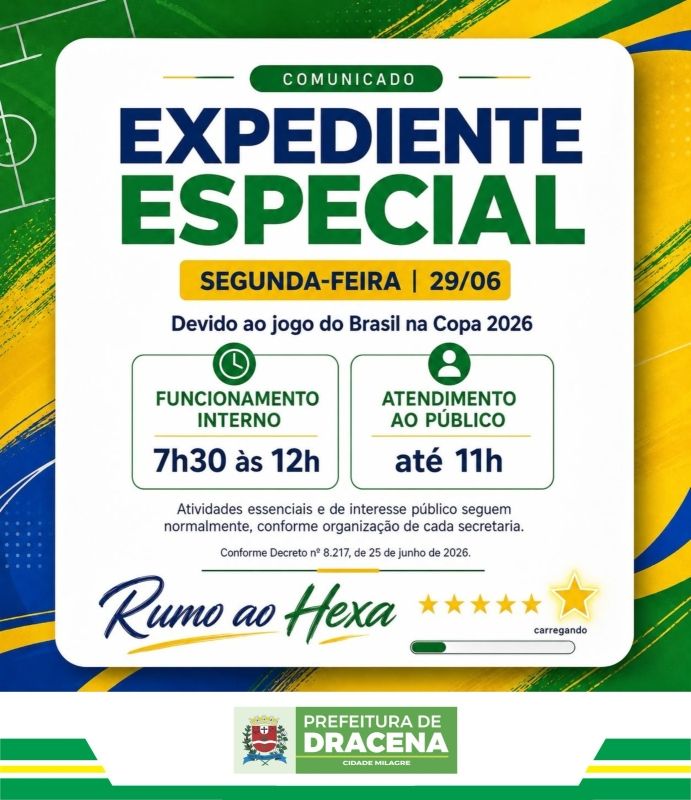 Prefeitura de Dracena adota horário especial devido ao jogo do Brasil na Copa do Mundo 2026