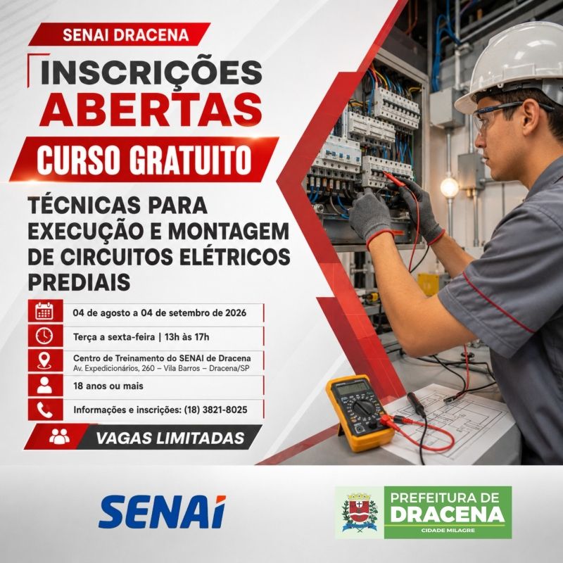 Prefeitura de Dracena e SENAI oferecem curso gratuito de montagem de circuitos elétricos prediais