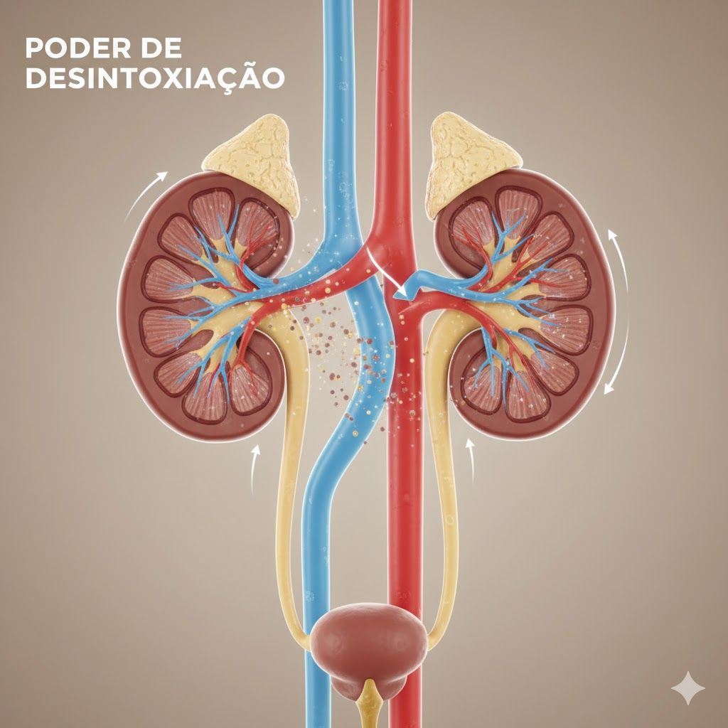 Imagem de Diagrama do sistema urinário com foco nos rins, mostrando setas que indicam a filtração de toxinas e a produção de urina, representando o poder de desintoxicação da água. Diagrama do sistema urinário com foco nos rins, mostrando setas que indicam a filtração de toxinas e a produção de urina, representando o poder de desintoxicação da água.