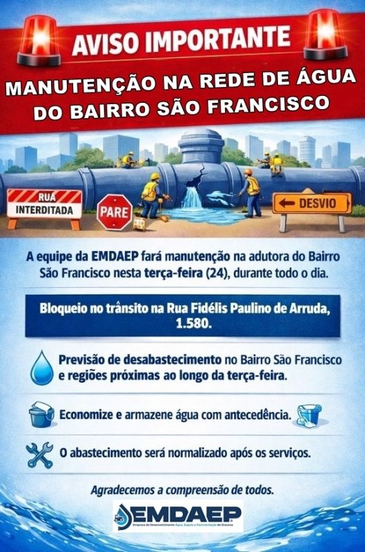 EMDAEP realiza manutenção na adutora do Bairro São Francisco nesta terça-feira