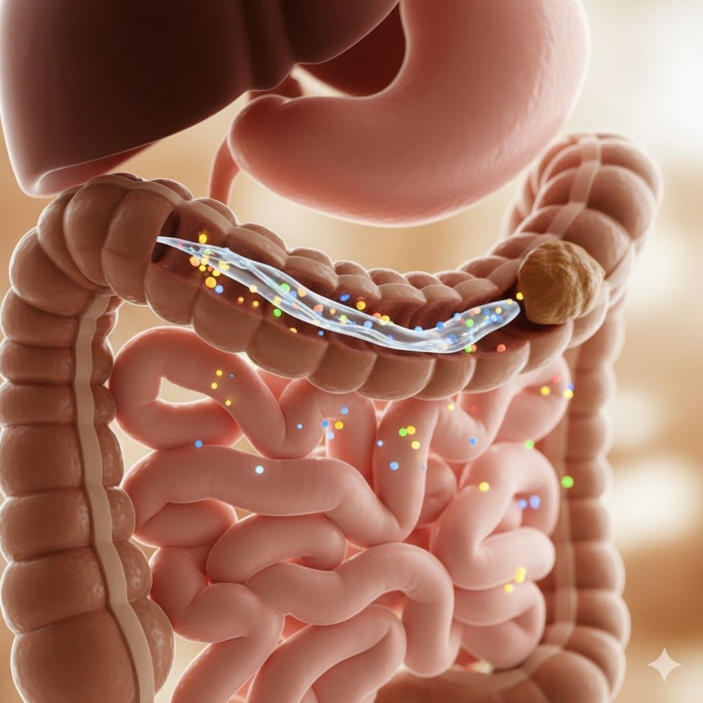 Imagem de Ilustração médica do sistema digestivo, mostrando o interior do intestino grosso onde a água (representada por um fluxo) dissolve nutrientes (pontos coloridos), destacando a absorção e a função intestinal. Ilustração médica do sistema digestivo, mostrando o interior do intestino grosso onde a água (representada por um fluxo) dissolve nutrientes (pontos coloridos), destacando a absorção e a função intestinal.