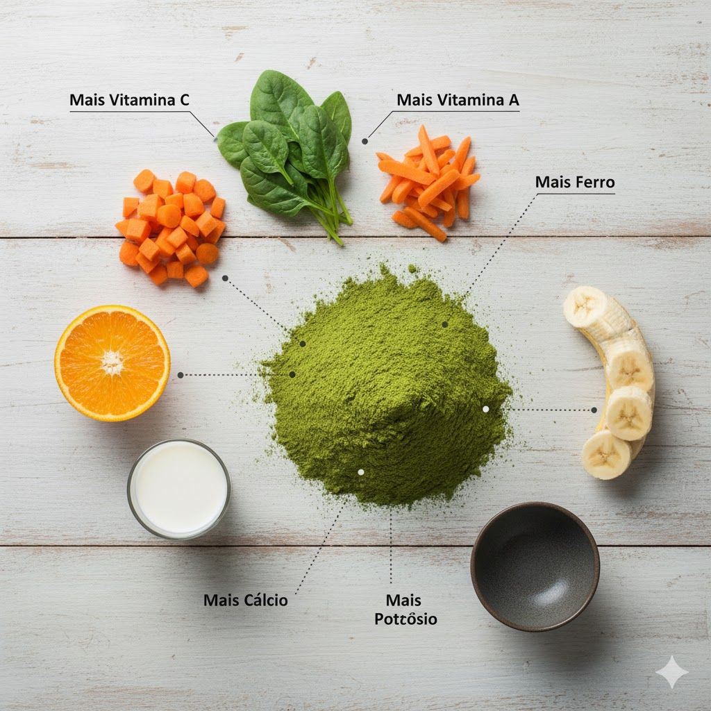 Imagem de Imagem mostrando diversos alimentos em pequenas pilhas ou tigelas: laranjas, leite, cenouras, espinafre, bananas, e ao centro uma pilha maior de pó de moringa, com a ideia de comparação nutricional. Imagem mostrando diversos alimentos em pequenas pilhas ou tigelas: laranjas, leite, cenouras, espinafre, bananas, e ao centro uma pilha maior de pó de moringa, com a ideia de comparação nutricional.