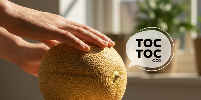 Imagem de Mãos de uma pessoa dando leves batidinhas na casca de um melão cantaloupe. O melão está sobre uma superfície clara. Mãos de uma pessoa dando leves batidinhas na casca de um melão cantaloupe. O melão está sobre uma superfície clara.