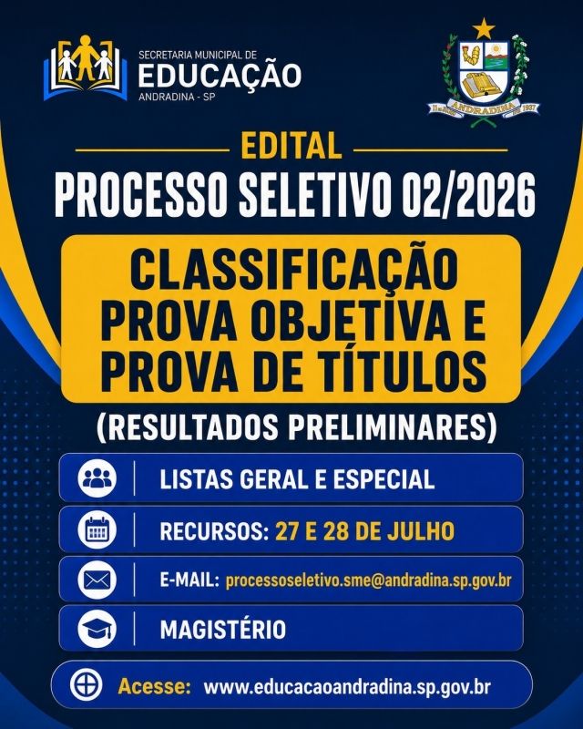 Prefeitura de Andradina anuncia classificação preliminar do Processo Seletivo Magistério 2026