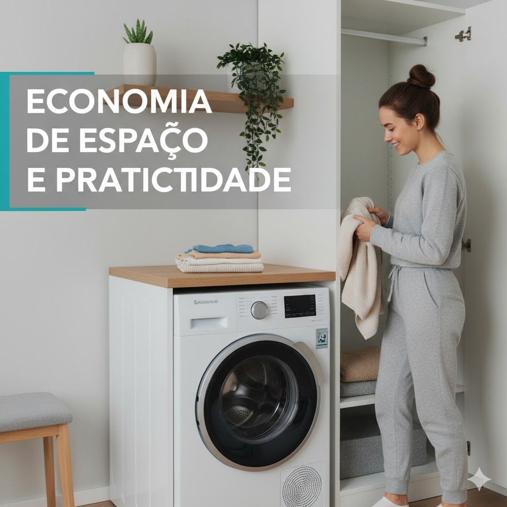 Imagem de Ao ter duas funções em uma só máquina, você libera o espaço que seria ocupado por uma secadora separada ou pelo varal de roupas. Ao ter duas funções em uma só máquina, você libera o espaço que seria ocupado por uma secadora separada ou pelo varal de roupas.