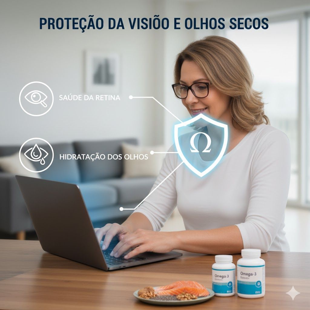 Imagem de Mulher usando óculos e trabalhando em um laptop, representando a proteção da visão e alívio para olhos secos proporcionados pelo Ômega 3. Um escudo brilhante com o símbolo ômega (Ω) no centro protege os olhos. Ícones ao lado ilustram a saúde da retina e a hidratação dos olhos. Em primeiro plano, estão suplementos de Ômega 3 e alimentos como salmão e nozes, sugerindo as fontes desse nutriente essencial.
Mulher usando óculos e trabalhando em um laptop, representando a proteção da visão e alívio para olhos secos proporcionados pelo Ômega 3. Um escudo brilhante com o símbolo ômega (Ω) no centro protege os olhos. Ícones ao lado ilustram a saúde da retina e a hidratação dos olhos. Em primeiro plano, estão suplementos de Ômega 3 e alimentos como salmão e nozes, sugerindo as fontes desse nutriente essencial.