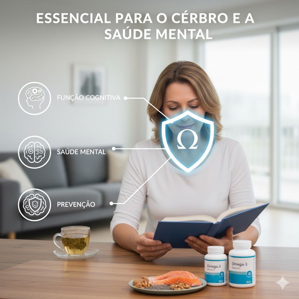 Imagem de Mulher focada lendo um livro em um ambiente relaxante, ilustrando os benefícios do Ômega 3 para a saúde cerebral e mental. Um escudo brilhante com o símbolo ômega (Ω) no centro destaca a proteção. Ícones informativos apontam para a melhoria da função cognitiva, saúde mental e prevenção de doenças neurodegenerativas. Na mesa, há suplementos de Ômega 3, alimentos ricos em ômega, e uma xícara de chá, complementando a atmosfera de bem-estar.
Mulher focada lendo um livro em um ambiente relaxante, ilustrando os benefícios do Ômega 3 para a saúde cerebral e mental. Um escudo brilhante com o símbolo ômega (Ω) no centro destaca a proteção. Ícones informativos apontam para a melhoria da função cognitiva, saúde mental e prevenção de doenças neurodegenerativas. Na mesa, há suplementos de Ômega 3, alimentos ricos em ômega, e uma xícara de chá, complementando a atmosfera de bem-estar.