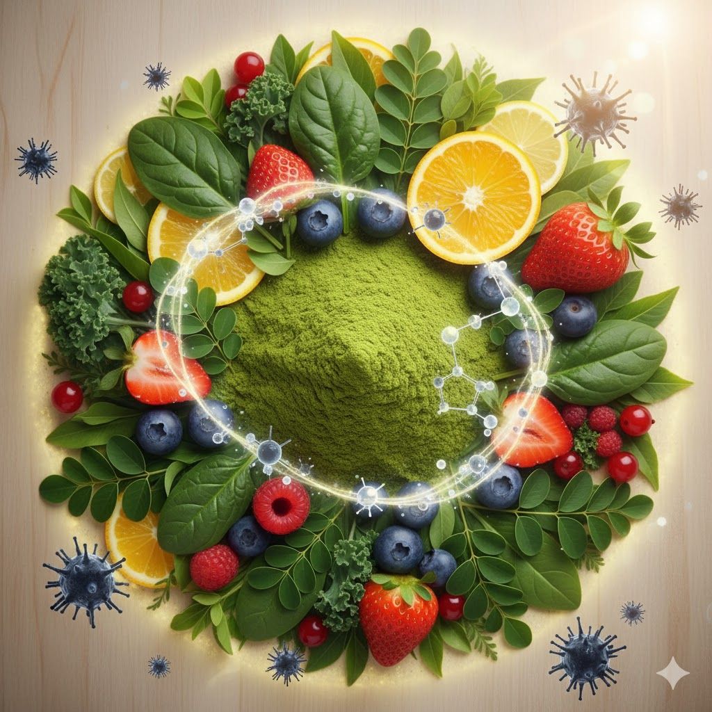 Imagem de Imagem vibrante com frutas e vegetais ricos em antioxidantes, como frutas vermelhas e folhas verdes, junto a moléculas abstratas ou um brilho protetor, simbolizando a ação antioxidante. Imagem vibrante com frutas e vegetais ricos em antioxidantes, como frutas vermelhas e folhas verdes, junto a moléculas abstratas ou um brilho protetor, simbolizando a ação antioxidante.