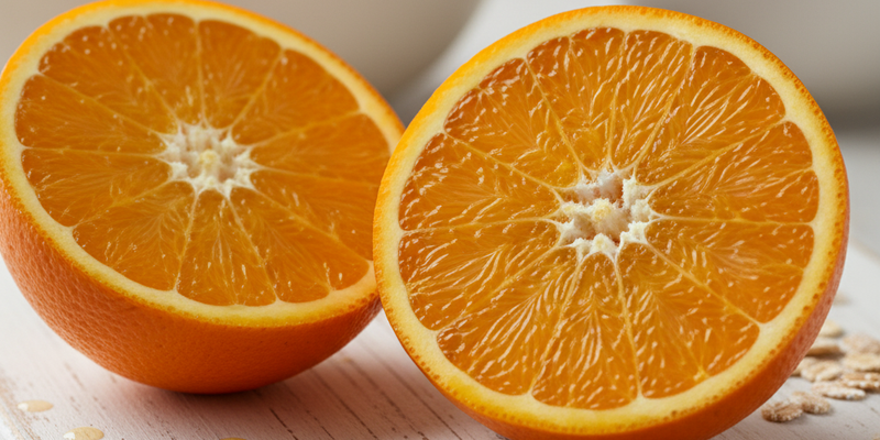 Imagem de Laranja cortada mostrando fibras e suco, rica em Vitamina C e antioxidantes. Laranja cortada mostrando fibras e suco, rica em Vitamina C e antioxidantes.