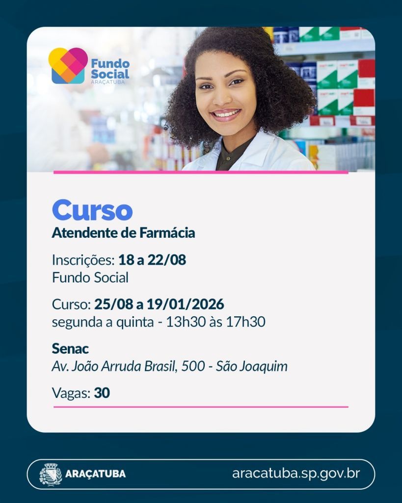 Curso Gratuito de Atendente de Farmácia em Araçatuba
