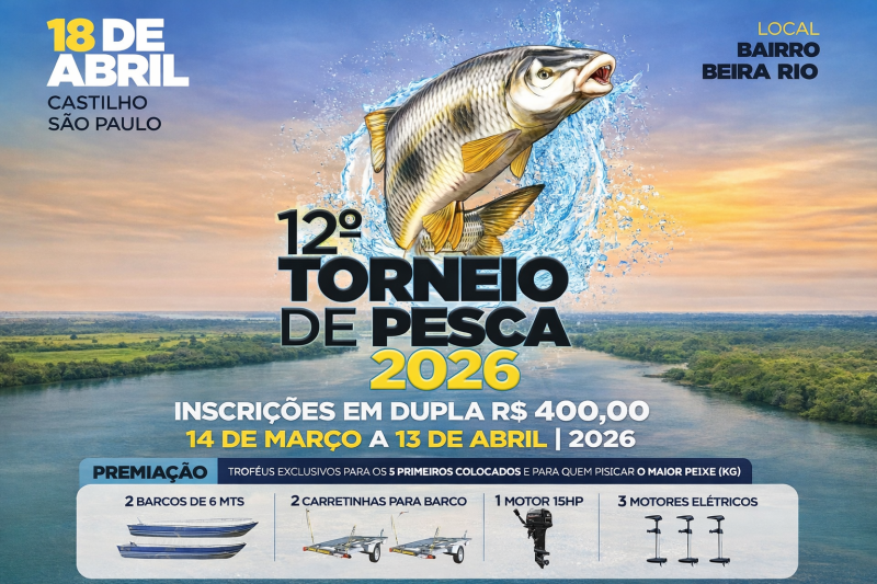 Castilho abre inscrições para 12º Torneio de Pesca em evento marcado para 18 de abril de 2026