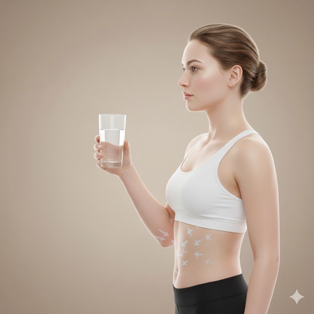 Imagem de Jovem mulher em roupas esportivas segurando um copo de água, com setas apontando para seu tronco, ilustrando a água como aliada no controle de peso, aumentando a saciedade e otimizando o metabolismo. Jovem mulher em roupas esportivas segurando um copo de água, com setas apontando para seu tronco, ilustrando a água como aliada no controle de peso, aumentando a saciedade e otimizando o metabolismo.