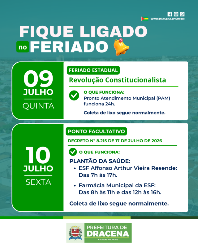 Repartições Públicas de Dracena terão expediente suspenso em feriado estadual e ponto facultativo